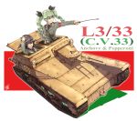  2girls anchovy artist_name belt black_hair black_shirt braid brown_eyes carro_veloce_cv-33 character_name dress_shirt drill_hair emblem flag_background food girls_und_panzer goggles green_hair grin hair_ribbon hand_on_hip hand_on_own_head helmet highres holding italian_flag jacket l3/33 long_hair long_sleeves military military_uniform multiple_girls necktie open_mouth pepperoni_(girls_und_panzer) pizza red_eyes ribbon riding_crop shao_(newton) shirt signature sitting smile standing twin_drills twintails uniform wind 