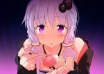  1girl :o bare_shoulders blush close-up collarbone food fork fruit hair_between_eyes hair_ornament hair_tubes hoodie long_hair long_sleeves looking_at_viewer low_twintails off_shoulder parted_lips petenshi_(dr._vermilion) pov purple_hair purple_shirt shirt solo strawberry twintails vertical_stripes violet_eyes vocaloid voiceroid yuzuki_yukari 