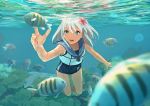  1girl blonde_hair blue_eyes commentary_request crop_top fish flower hair_flower hair_ornament kantai_collection long_hair one-piece_tan open_mouth ro-500_(kantai_collection) sailor_collar school_swimsuit smile solo swimming swimsuit swimsuit_under_clothes tan tanline underwater water youmak 
