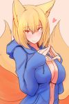  1girl animal_ears blonde_hair blush breasts center_opening dearmybrothers fox_ears fox_tail heart highres hoodie large_breasts looking_at_viewer multiple_tails naked_hoodie open_clothes open_hoodie solo tail touhou yakumo_ran yellow_eyes 