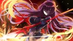  1girl bodysuit covered_navel dual_wielding fate/grand_order fate_(series) fire gae_bolg long_hair pantsu_(lootttyyyy) polearm purple_hair red_eyes scathach_(fate/grand_order) solo spear weapon 