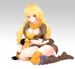  ahoge belt blonde_hair blood boots breasts cleavage highres large_breasts narynn red_eyes rwby yang_xiao_long 
