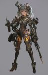  1girl armor blue_hair blurry bodysuit covered_navel expressionless eyelashes full_body grey_background gun hand_on_hip headgear high_heels holding_gun holding_weapon knee_pads lens lm7_(op-center) looking_at_viewer machinery original power_armor red_eyes science_fiction short_hair shoulder_pads simple_background skin_tight solo standing twintails weapon 