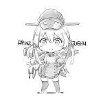  1girl anchor_choker anchor_hair_ornament buttons cannon character_name chibi full_body hair_between_eyes hair_ornament hat kantai_collection long_hair long_sleeves looking_at_viewer low_twintails military military_uniform monochrome open_mouth outstretched_arm peaked_cap pomon_illust prinz_eugen_(kantai_collection) short_twintails simple_background solo standing thigh-highs torpedo turret twintails uniform white_background zettai_ryouiki 