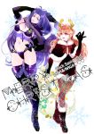  2girls boots breasts brown_eyes brown_hair christmas earrings fake_horns fang hat jewelry jobo_(isi88) lina_inverse long_hair merry_christmas multiple_girls naga_the_serpent pantyhose purple_hair sack santa_hat scarf slayers thigh-highs thigh_boots violet_eyes 