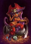  1girl bandeau blue_eyes boots bracer breasts cannon cleavage cutlass_(sword) earrings gem glowing gun handgun harem_pants hat jewelry long_hair mask navel oil_lamp open_mouth pants pirate_hat pistol pointy_ears ponytail purple_hair shantae shantae_(character) shantae_and_the_pirate&#039;s_curse sitting smile solo sword thigh_strap very_long_hair vest weapon 