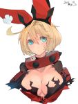  alternate_costume alternate_hair_length alternate_hairstyle animal_ear_bow animal_ears blonde_hair blue_eyes bow breasts cleavage cleavage_cutout collar crown elphelt_valentine guilty_gear guilty_gear_xrd highres large_breasts pisuta_(yamashiro) portrait short_hair shoulder_pads spiked_collar spikes 