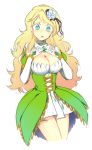  1girl blonde_hair blue_eyes breasts cleavage cleavage_cutout earrings elsword flower gloves hair_flower hair_ornament highres jewelry large_breasts long_hair open_mouth pleated_skirt rena_(elsword)_(cosplay) seris_(elsword) shironekojr skirt solo sparkle white_gloves 