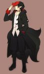  1boy black_boots black_coat black_hair boots choker earrings fox_mask full_body hood_down jewelry kitsune male_focus mask mask_removed multiple_tails original pointy_ears shironekojr solo tail 