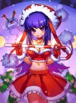  1girl bare_shoulders breasts candy candy_cane cleavage gloves hat highres long_hair maplestory midriff purple_hair sachimaa santa_hat solo violet_eyes 