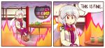  2girls angel_wings blonde_hair chair clownpiece cup english fire gunshow_(comic) hat jacket jester_cap kishin_sagume multiple_girls open_clothes open_jacket parody red_eyes silver_hair single_wing sitting smoke table teacup teapot torch touhou violet_eyes wings wool_(miwol) 