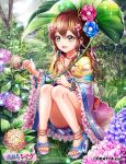  1girl anklet blush bracelet brown_hair flower green_eyes hair_flower hair_ornament high_heels hydrangea japanese_clothes jewelry kimono leaf_umbrella legs long_hair nature necklace ozon rain sandals sitting smile snail solo toes 