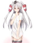  1girl alternate_costume amatsukaze_(kantai_collection) bottomless brown_eyes choker collarbone colored_eyelashes cowboy_shot dripping garter_straps grey_hair hair_between_eyes hair_tubes hand_to_own_mouth headgear kantai_collection kyuukon_(qkonsan) long_hair looking_at_viewer open_mouth see-through shirt shirt_tug short_sleeves solo sweatdrop t-shirt thigh-highs two_side_up very_long_hair wavy_mouth wet wet_clothes white_background zettai_ryouiki 