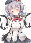  1girl bag blush closed_eyes epaulettes gloves hat heart highres igakusei incoming_hug incoming_kiss kantai_collection kashima_(kantai_collection) military military_uniform outstretched_arms silver_hair skirt solo twintails uniform white_gloves 