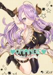  1girl arm_up armpits bare_shoulders black_gloves blue_eyes braid breasts demon_horns elbow_gloves from_above gloves granblue_fantasy hair_ornament hair_over_one_eye harunoibuki horns impossible_clothes large_breasts lavender_hair leg_belt long_hair looking_at_viewer narumeia_(granblue_fantasy) pointy_ears single_thighhigh skindentation smile solo thigh-highs 