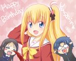  1boy 2girls blonde_hair blood blue_eyes charlotte_(anime) happy_birthday long_hair mukyuu_(mukyu&#039;s_paradise) multiple_girls nishimori_yusa nosebleed otosaka_ayumi school_uniform serafuku side_ponytail takajou_joujirou 