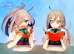  2girls ahoge asashimo_(kantai_collection) bowtie dated eating food fruit grey_eyes grey_hair hair_between_eyes hair_over_one_eye holding holding_food holding_fruit kantai_collection kiyoshimo_(kantai_collection) long_hair looking_to_the_side low_twintails multiple_girls open_mouth plate ponytail ribbon sayori_(artist) school_uniform short_sleeves simple_background sitting twintails twitter_username very_long_hair watermelon 