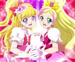  2girls :d asahina_mirai blonde_hair bow brooch color_connection cure_flora cure_miracle earrings eyebrows flower flower_earrings gloves go!_princess_precure green_eyes hair_bow half_updo haruno_haruka holding_hands jewelry long_hair looking_at_viewer magical_girl mahou_girls_precure! moritakusan multicolored_hair multiple_girls open_mouth pink_background pink_bow pink_hair pink_skirt precure puffy_sleeves purple_background skirt smile sparkle streaked_hair symmetry thick_eyebrows two-tone_hair violet_eyes white_gloves 