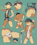  bangs brown_hair dressing fundoshi hachimaki happi headband heart heart_in_mouth highres katupuraamen male_focus matsuno_karamatsu nejiri_hachimaki osomatsu-kun osomatsu-san plank rokushaku_fundoshi sarashi simple_background smile solo sunglasses sunglasses_on_head swept_bangs teal_background tying_fundoshi 