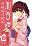  1girl arrow ayasugi_tsubaki bell brown_hair ema from_side green_eyes hamaya japanese_clothes jingle_bell kaga_(kantai_collection) kantai_collection kimono looking_at_viewer new_year obi sash shippou_(pattern) short_sidetail smile solo yukata 