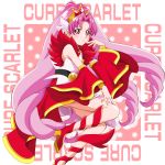  1girl akagi_towa bangs belt boo_(takagi) character_name cure_scarlet detached_sleeves expressionless full_body go!_princess_precure highres long_hair looking_at_viewer magical_girl parted_bangs pink_hair pointy_ears precure red_eyes red_shoes red_skirt shoes skirt solo 