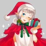  1girl blue_eyes blush bow bracelet cape clover elf eules fur gift hat jewelry one_eye_closed parted_lips pointy_ears santa_hat silver_hair solo 