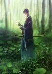  1boy bangs black_gloves blue_hair flower forest from_side full_body gloves hair_between_eyes hair_ornament holding holding_flower japanese_clothes katana lily_pad male_focus mikazuki_munechika nature outdoors sayagata sheath sheathed solo standing sword takano_takao tassel touken_ranbu tree watermark weapon web_address white_flower wide_sleeves 