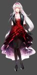  1girl ahoge black_gloves black_legwear black_shoes choker dan_(astsr1) elbow_gloves elsword eve_(elsword) expressionless feather_boa full_body gloves grey_background hairband highres long_hair looking_at_viewer pantyhose red_skirt shoes skirt solo very_long_hair white_hair yellow_eyes 