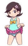  1girl black_eyes brown_hair casual_one-piece_swimsuit cowboy_shot cropped_legs flower frown hair_flower hair_ornament hayashi_satoko lowres nollety one-piece_swimsuit short_hair simple_background skirt skirt_lift solo swimsuit white_background youkai_watch 