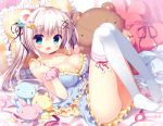  1girl :d animal_ears babydoll bear_ears blue_eyes breasts candy cleavage fang hair_ornament hair_ribbon hairclip large_breasts looking_at_viewer lying on_back open_mouth original pajamas pillow ribbon saji-wata scrunchie silver_hair smile solo stuffed_animal stuffed_toy teddy_bear thigh-highs twintails white_legwear wrist_scrunchie 
