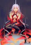  1girl artist_name bodysuit breasts fingerless_gloves gloves guilty_crown kevin_glint parted_lips pink_hair solo squatting teeth yuzuriha_inori 