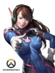  1girl bodysuit brown_eyes brown_hair covered_navel d.va_(overwatch) dongho_kang facial_mark gloves grin hand_on_hip headphones lips long_hair one_eye_closed overwatch pointing pointing_at_viewer realistic simple_background smile white_background white_gloves 