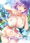  1girl absurdres armpits bikini blush breasts collarbone frilled_bikini frills groin highres large_breasts lavender_hair navel ogata_tei one_eye_closed open_mouth red_eyes shinjou_akane short_hair smile solo ssss.gridman swimsuit white_bikini 