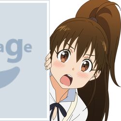  1girl brown_eyes brown_hair long_hair mugen_ouka no_image open_mouth peeking_out pixiv ponytail solo taneshima_popura vector_trace waitress working!! 