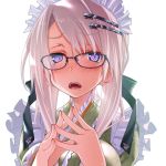  1girl apron blush crying glasses hair_ornament hairclip highres japanese_clothes long_hair looking_at_viewer maid open_mouth original sakuya_tsuitachi silver_hair solo steepled_fingers 