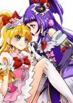  2girls absurdres asahina_mirai blonde_hair blue_eyes boots bow brooch cure_magical cure_miracle earrings elbow_gloves eye_contact gloves hair_bow hairband half_updo hat highres holding_hands izayoi_liko jewelry knee_boots long_hair looking_at_another magical_girl mahou_girls_precure! mini_hat multiple_girls pink_bow pink_skirt precure puca-rasu purple_gloves purple_hair purple_skirt red_bow shiny shiny_skin skirt smile white_background white_boots white_gloves 
