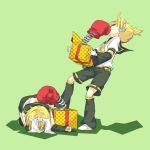  1boy 1girl arm_warmers belt black_shorts blonde_hair bow box boxing_gloves checkered crawling face_punch full_body gift gift_box green_background hair_bow hairband headphones highres in_the_face jack_in_the_box_(toy) kagamine_len kagamine_rin leaning_back leg_warmers lying ponytail punching red_ribbon ribbon rindo8_(rindo7) sailor_collar shirt short_hair short_sleeves shorts simple_background sleeveless sleeveless_shirt spring_(object) standing vocaloid white_bow white_shirt yellow_necktie 