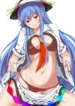  1girl blue_hair blush bra breasts food frilled_bra frilled_panties frills fruit hat hinanawi_tenshi large_breasts long_hair looking_at_viewer midriff navel neckerchief neropaso open_clothes open_shirt panties peach red_bra red_eyes red_panties shirt solo touhou underwear very_long_hair 
