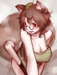  1girl animal_ears bare_arms blush bottomless breasts brown_eyes brown_hair cleavage futatsuiwa_mamizou glasses highres hoshibuchi large_breasts leaf leaf_on_head naked_shirt open_mouth pince-nez pipe raccoon_ears raccoon_tail shirt sleeveless sleeveless_shirt smile solo tail touhou 