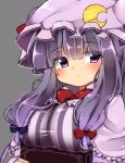  1girl blue_ribbon blush book breasts capelet crescent_hair_ornament dress grey_background hair_ornament hair_ribbon hat large_breasts looking_away mob_cap patchouli_knowledge purple_hair red_ribbon ribbon simple_background solo striped striped_dress touhou ururu1998 violet_eyes 