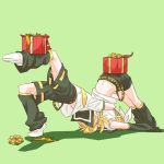  1boy 1girl arm_warmers balancing banana_peel belt black_shorts blonde_hair bow box full_body gift gift_box green_background hair_bow hairband headphones highres kagamine_len kagamine_rin leg_warmers midriff rindo8_(rindo7) sailor_collar shirt shirt_lift short_hair short_sleeves shorts simple_background sleeveless sleeveless_shirt suplex tentacles tripping vocaloid white_bow white_shirt 