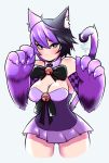  1girl animal_ears bare_shoulders bell black_hair bowtie breasts cat_ears cat_tail cheshire_cat_(monster_girl_encyclopedia) cleavage da3rd detached_collar highres looking_at_viewer monster_girl_encyclopedia multicolored_hair paw_pose paws purple_hair signature simple_background smile solo tail two-tone_hair white_background 