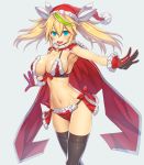  1girl aqua_eyes asamura_hiori bare_shoulders blonde_hair blue_eyes blush breasts cape christmas cleavage gen&eacute;_(pso2) gloves green_hair hair_between_eyes hat highres large_breasts long_hair looking_at_viewer multicolored_hair open_mouth phantasy_star phantasy_star_online_2 santa_costume santa_hat smile solo thigh-highs twintails 
