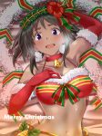  1girl bell bell_collar black_hair blush breasts christmas collar dark_skin elbow_gloves gloves highres idolmaster idolmaster_cinderella_girls merry_christmas natalia_(idolmaster) navel open_mouth ribbon short_hair smile solo violet_eyes youhei_(testament) 