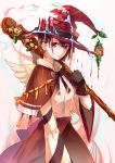  1girl black_gloves bowtie brown_hair capelet cibo_(killy) dress earrings female gloves hat jewelry long_sleeves looking_at_viewer original plant red_eyes short_hair solo staff water wings witch_hat 