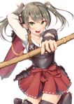 1girl bow_(weapon) green_eyes grey_hair hair_between_eyes highres ichikawa_feesu japanese_clothes kantai_collection long_hair looking_at_viewer muneate open_mouth pointing pointing_at_viewer skirt skirt_set solo twintails weapon zuikaku_(kantai_collection) 