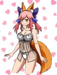  1girl alternate_color animal_ears asortofcolorfag bare_shoulders blush breasts caster_(fate/extra) cleavage collarbone fate/extra fate_(series) fox_ears fox_tail groin hair_ribbon highres large_breasts lingerie long_hair looking_at_viewer midriff navel pink_hair ribbon solo tail twintails underwear yellow_eyes 