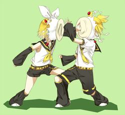  1boy 1girl arm_warmers belt black_shorts blonde_hair bow cake cake_in_face food food_on_face fruit full_body green_background hair_bow hairband headphones kagamine_len kagamine_rin leg_warmers legs_apart plate ponytail rindo8_(rindo7) sailor_collar shirt short_hair short_sleeves shorts simple_background sleeveless sleeveless_shirt standing strawberry vocaloid white_bow white_shirt yellow_necktie 