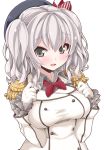  1girl blue_eyes breasts crazy_developers epaulettes hat highres kantai_collection kashima_(kantai_collection) large_breasts long_hair military military_uniform silver_hair smile solo twintails uniform wavy_hair 