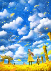  6+girls animal_ears black_hair blonde_hair brown_eyes brown_hair clouds column dress fantasy field happy highres leaf long_hair multiple_girls original pillar redhead sakimori_(hououbds) scenery shawl silhouette sky smile standing_on_one_leg torii wind 